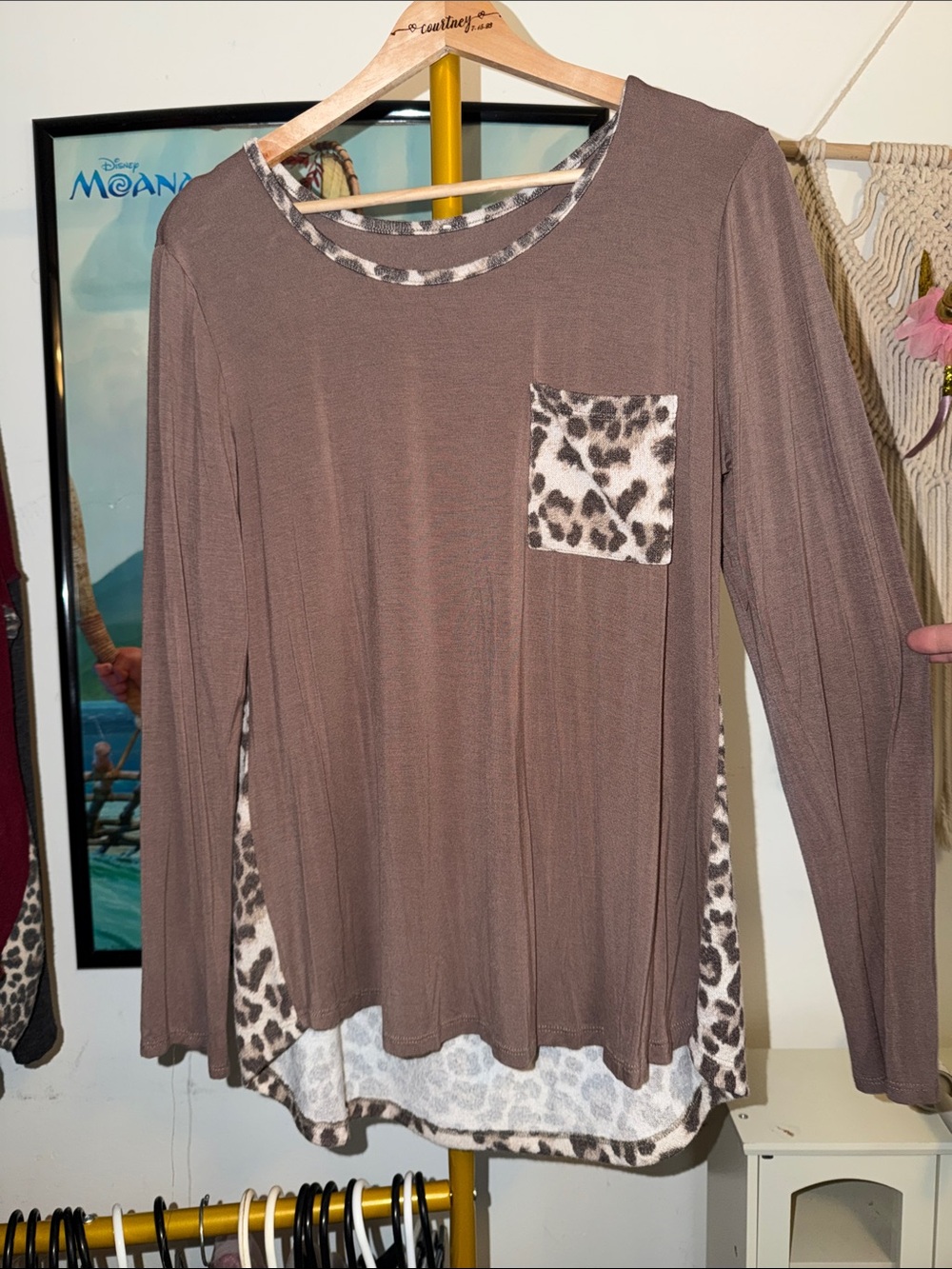 Women’s Long Sleeve Taupe Top with Leopard Trim